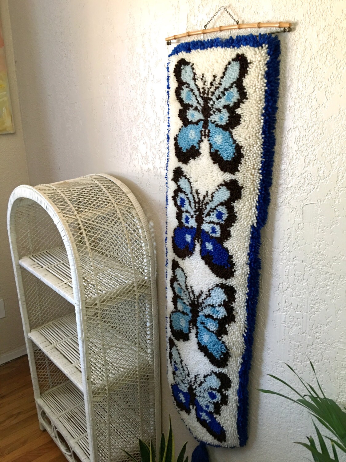 Long Vintage Butterfly Latch Hook Rug / Wall Hanging / Tapestry