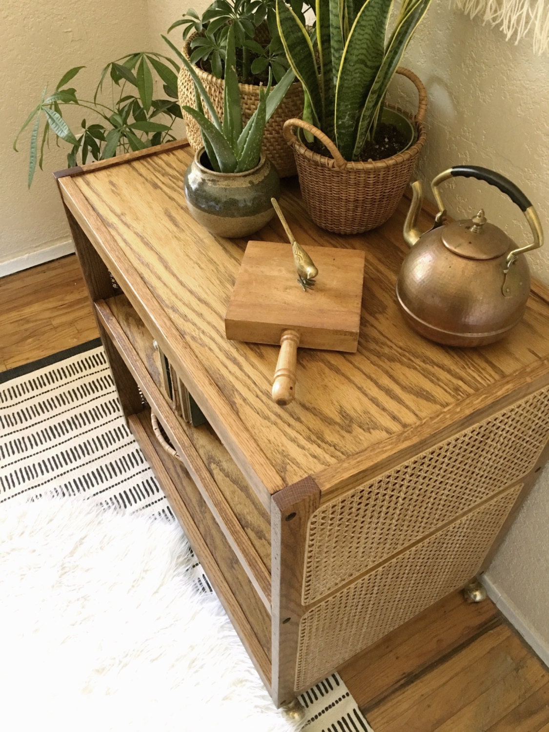 Vintage Wood and Woven Cane Rolling Two Tiered Shelf ...