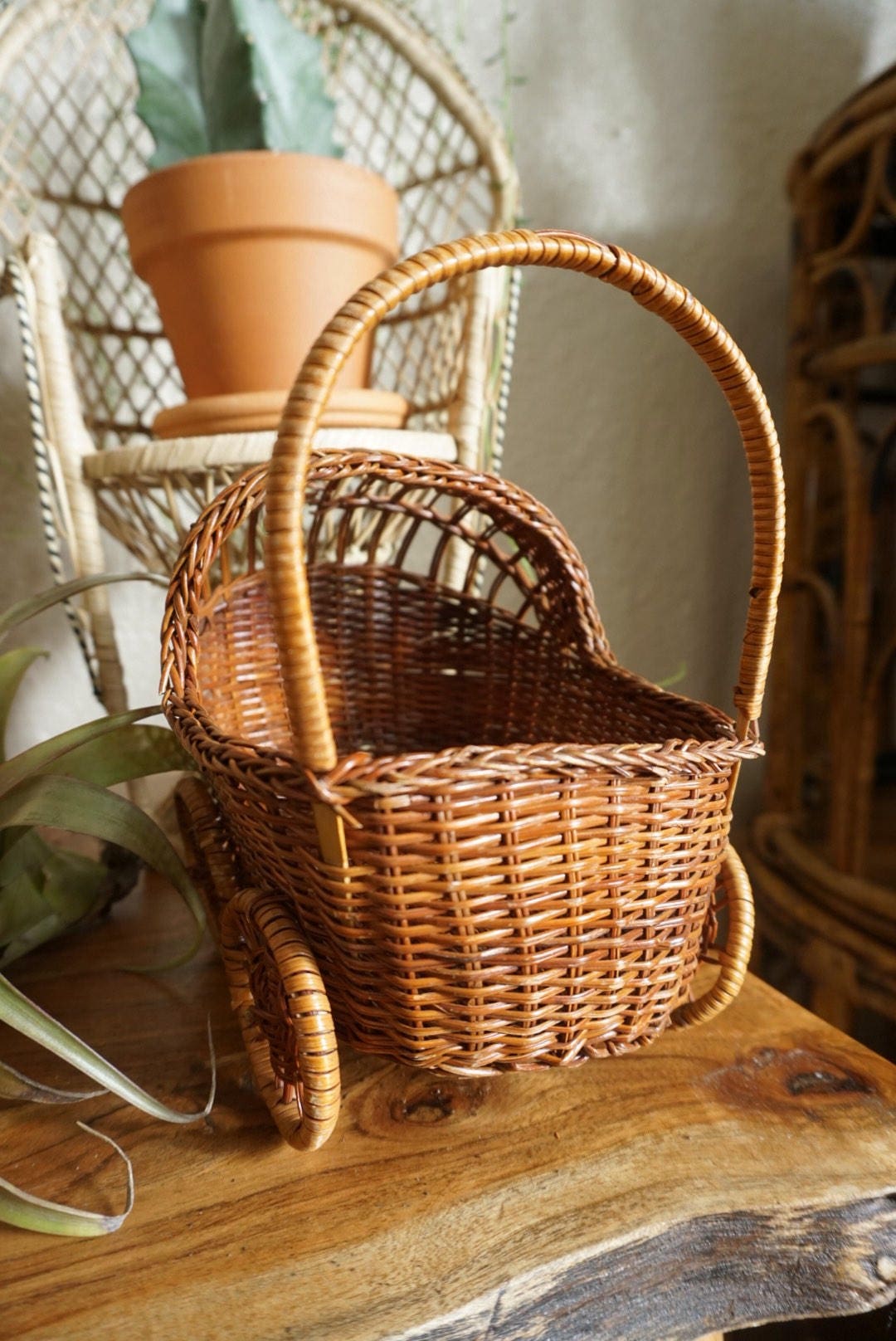Brown Wicker Baby Carriage Basket Planter