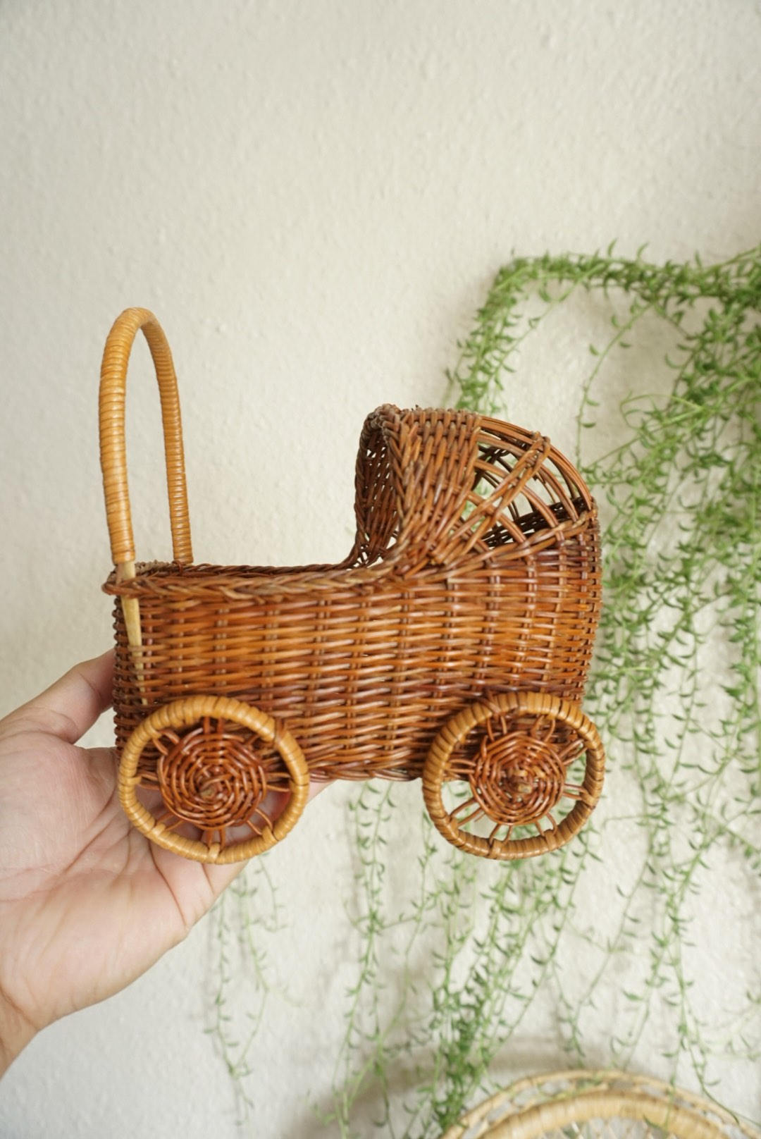Brown Wicker Baby Carriage Basket Planter
