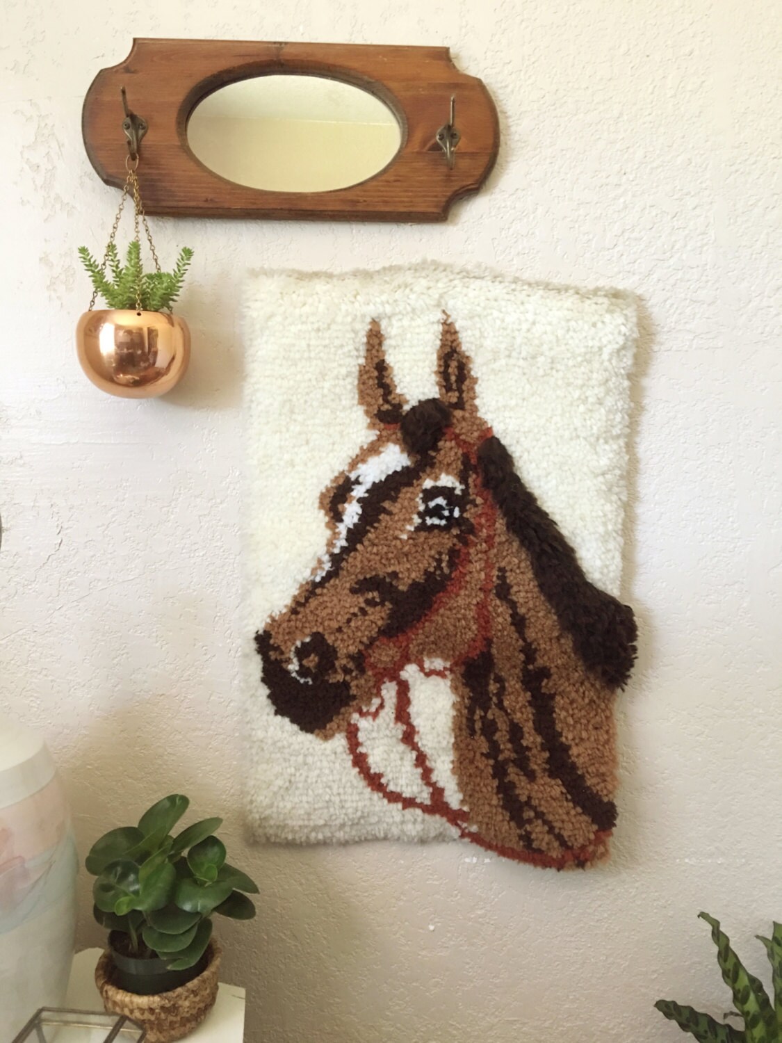 Vintage Horse Latch Hook Rug / Wall Hanging
