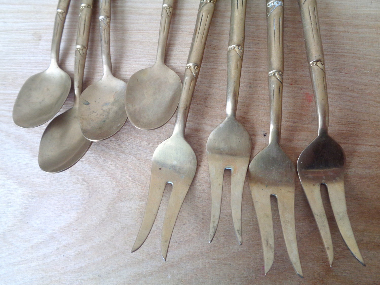 Solid Brass Forks and Spoons with Bamboo Handles Set of 8 Vintage
