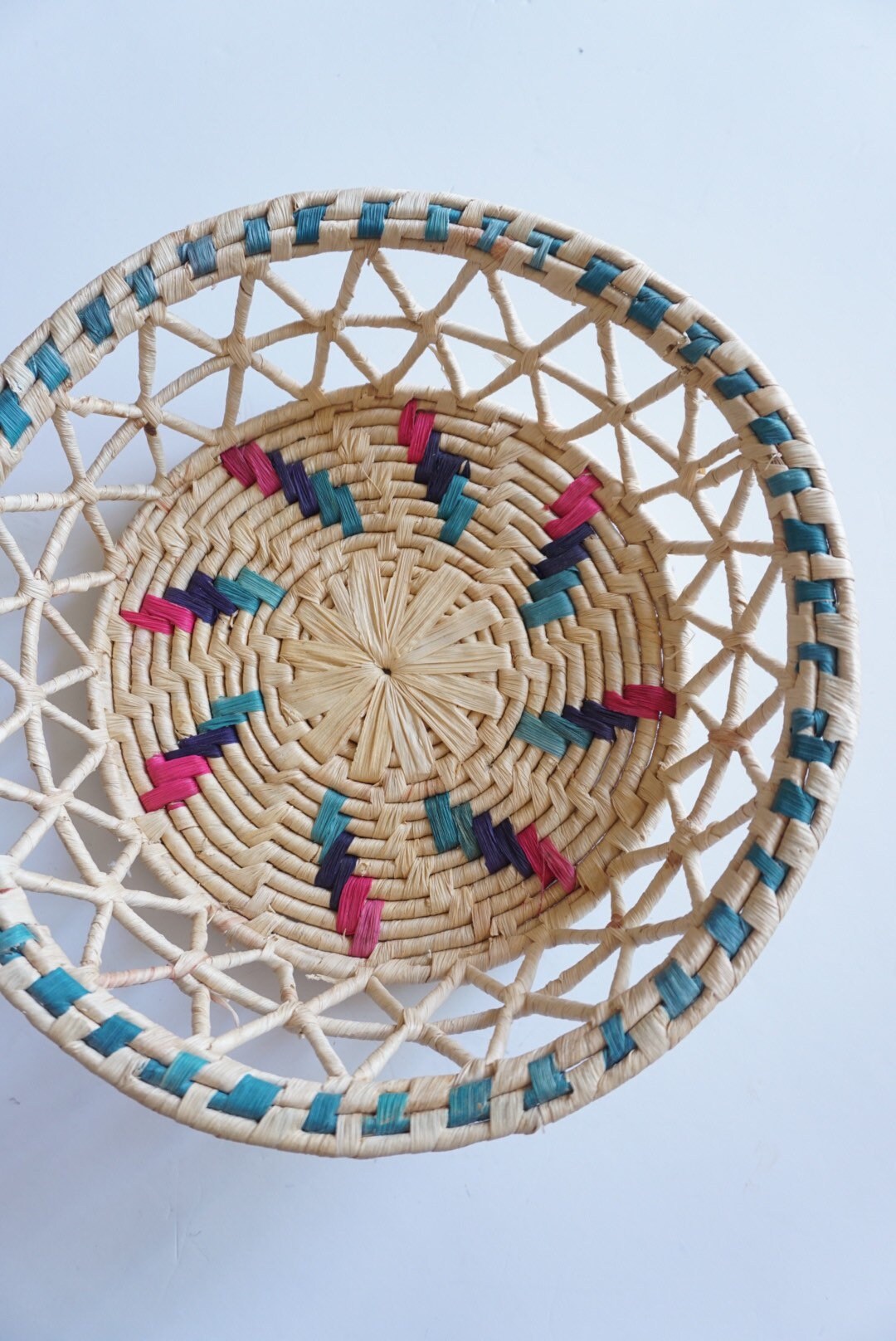 Round Colorful Woven Straw Basket / Fruit Bowl / Wall Decor