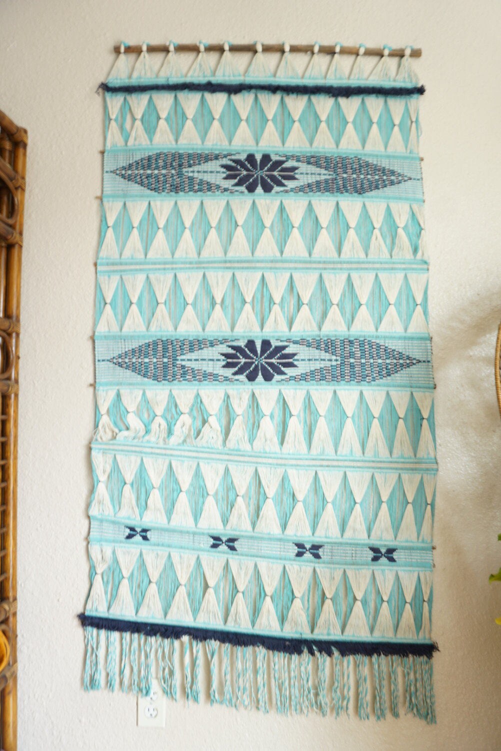 Large Long Vintage Woven String Blue and White Wall Tapestry