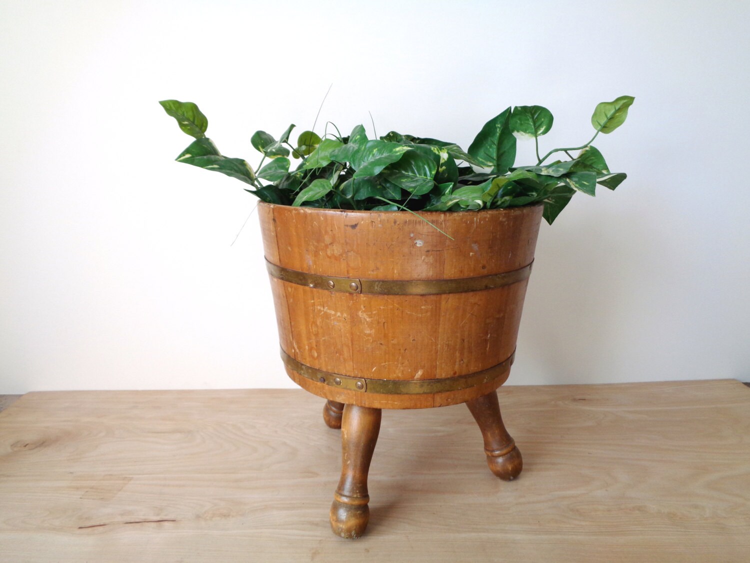 Vintage Wooden Planter Firkin Bucket with Brass Bands and Legs