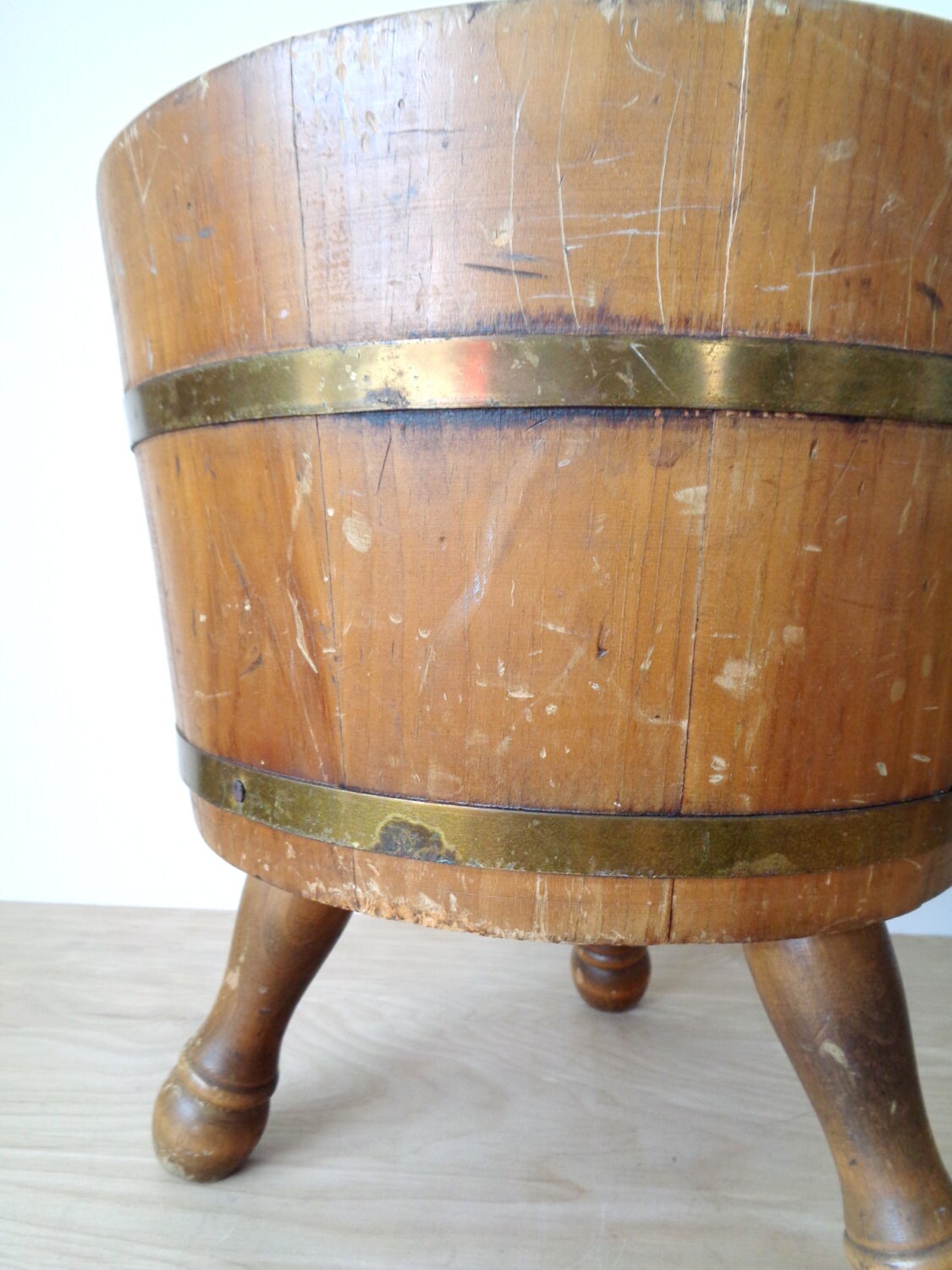 Vintage Wooden Planter Firkin Bucket with Brass Bands and Legs