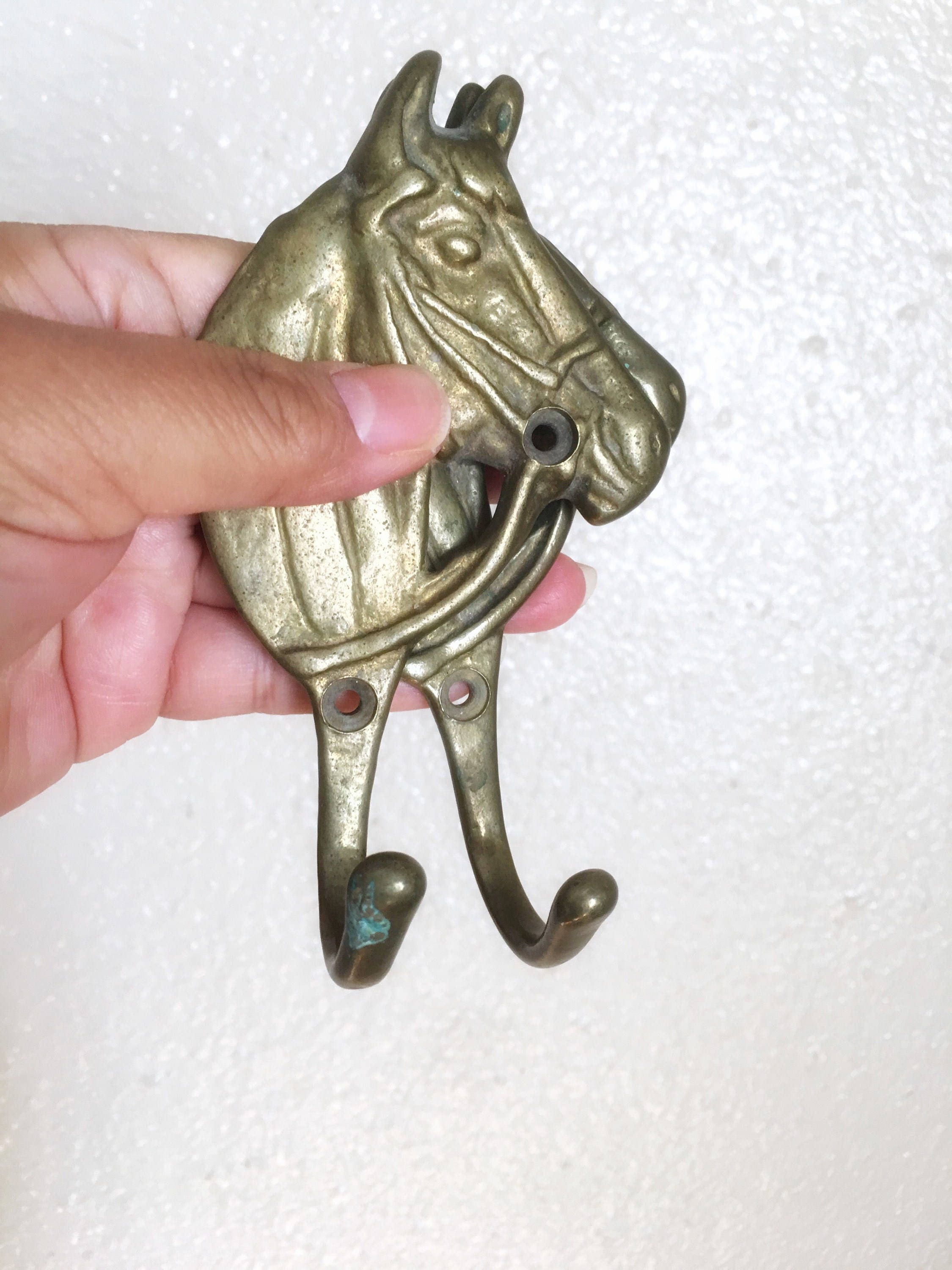 Vintage Solid Brass Horse Hooks Pair of two