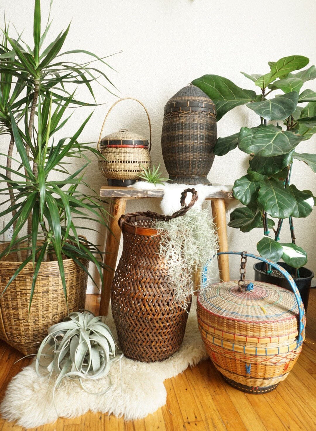 Tall Black Brown Woven Rattan Basket with Lid