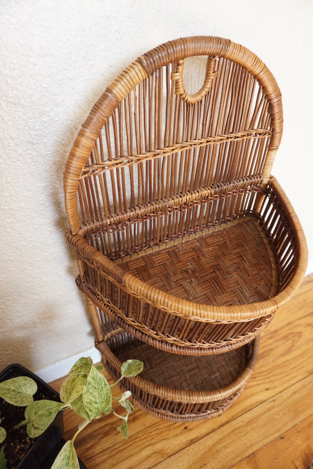 Bohemian Dark Brown Slatted Wicker Rattan Hanging / Standing Two Tiered Shelf