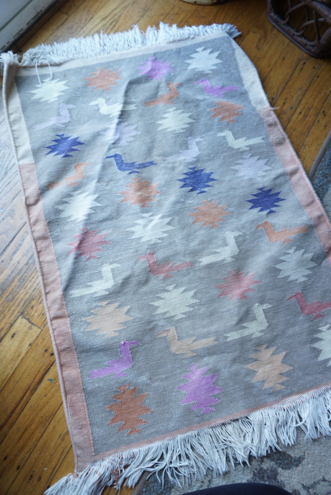 Vintage Pastel Southwestern Bird Motif Woven Rug / Wall Tapestry