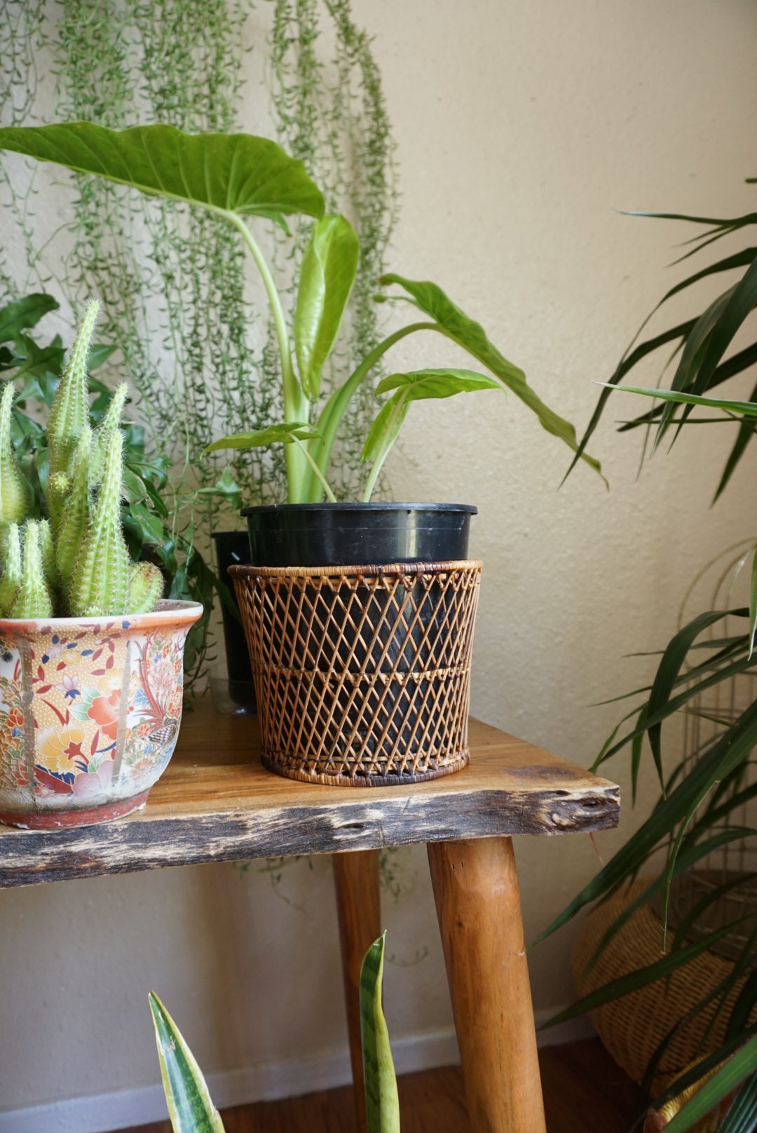 Small Open Weave Wicker Rattan Basket Planter