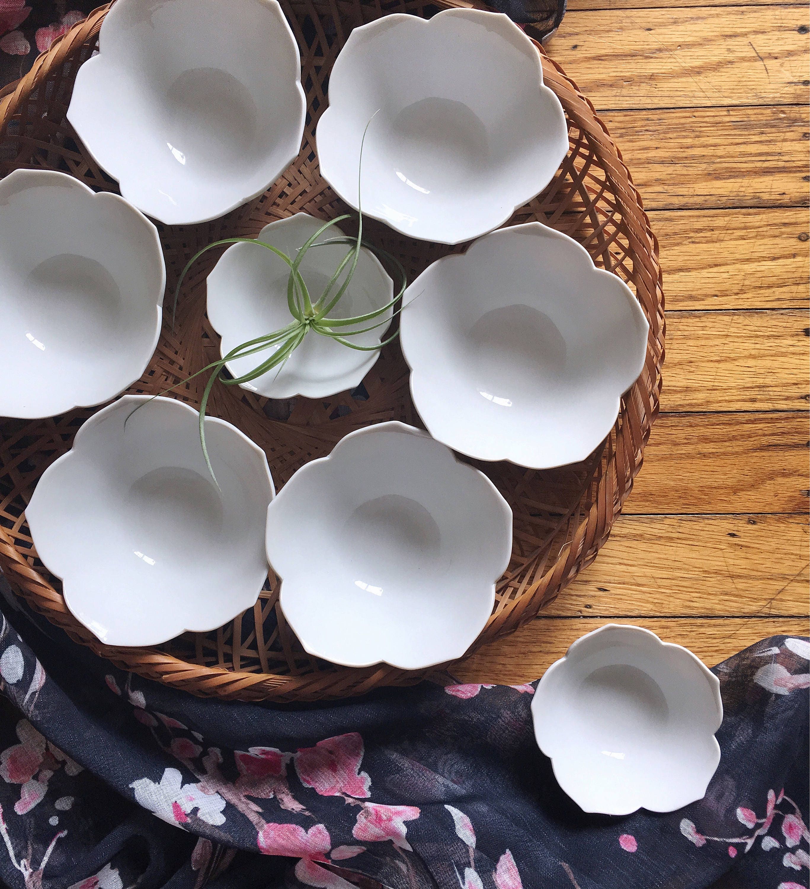 Vintage Small White Lotus Flower Nesting Bowls Set of 8