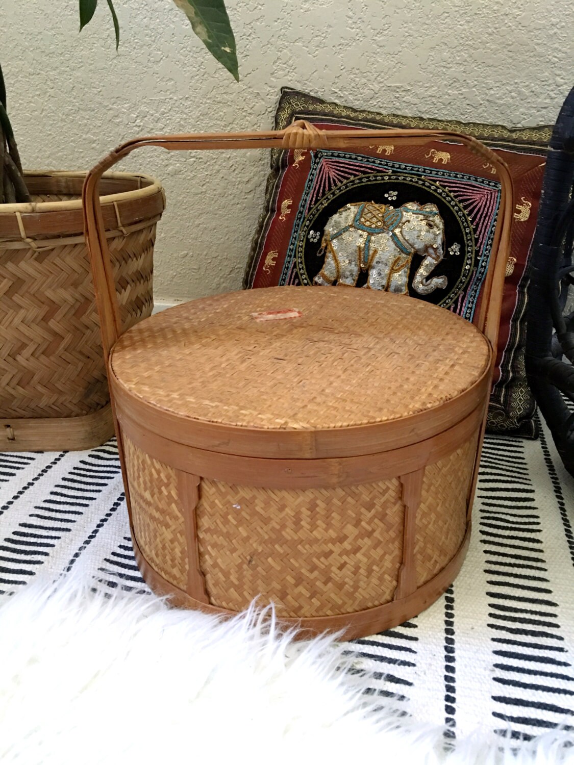 Large Vintage Woven Rattan Bamboo Basket with Lid and Long