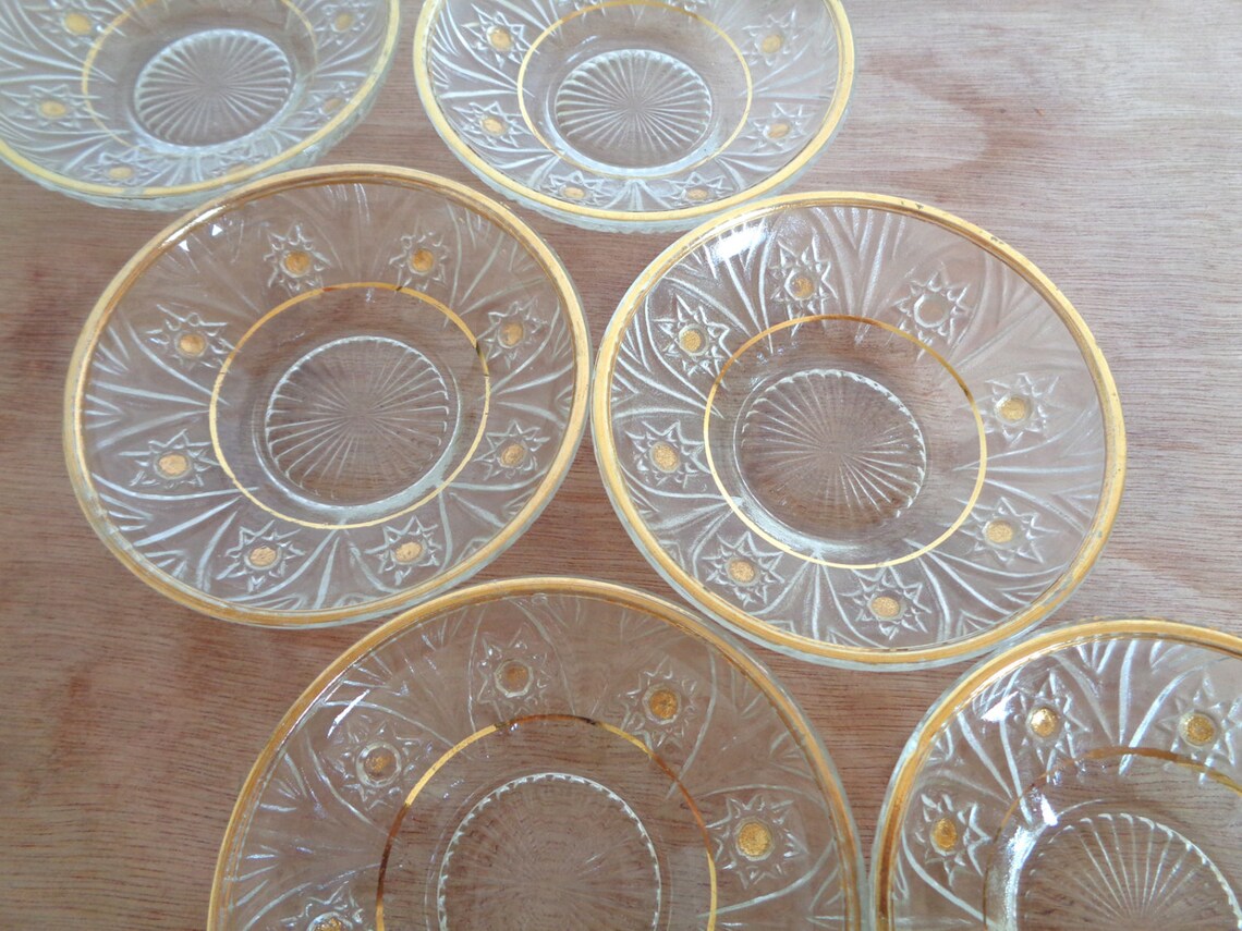 Clear Glass Saucer Plates with Gold Trim Set of Six Etsy