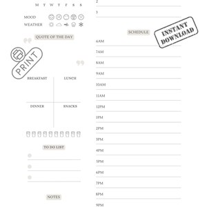 Könnte beinhalten: Ein druckbarer Tagesplaner mit Abschnitten für Datum, Stimmung, Wetter, Top 3 Prioritäten, Zeitplan und To-Do-Liste. Enthält Bereiche für Frühstück, Mittagessen, Abendessen und Snacks. Mit Texten wie "Mein Tagesplaner".