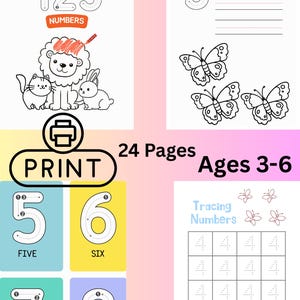 Könnte beinhalten: Ein Mal- und Übungsheft für Kinder mit den Zahlen 1-8, mit Illustrationen von Tieren und Schmetterlingen. Das Arbeitsheft ist für Kinder im Alter von 3-6 Jahren konzipiert und umfasst 24 Seiten. Der Text "Tracing and Coloring Numbers" ist auf dem Cover abgebildet.