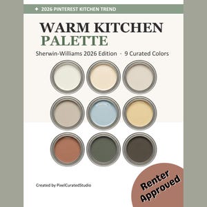 May include: A colour palette for a warm kitchen, featuring nine curated colours from Sherwin-Williams' 2026 edition. The image includes paint cans with various shades, including off-white, beige, and muted greens. Text on the image reads "Warm Kitchen Palette."