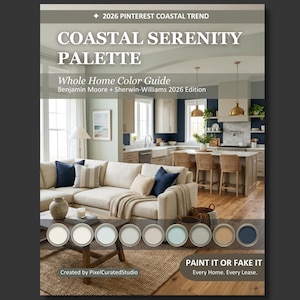 May include: A promotional image for a coastal home color palette. The image features a living room with a beige sectional sofa, navy blue pillows, and a wooden coffee table. The text reads "Coastal Serenity Palette" and "Whole Home Color Guide."