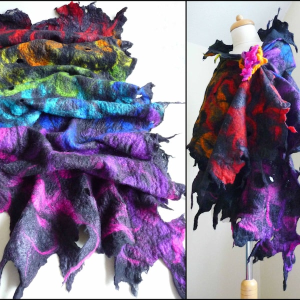 felted wool scarf, scarves, wrap, handmade, felt, lagenlook, art to wear, rainbow, MADE TO ORDER