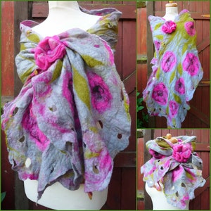 handmade nuno felted scarf, shawl, grey, pink, roses, felted flower brooch, silk scarf, wool scarf, felt, lagenlook, wearable art, romantic