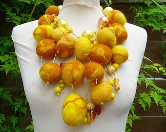 Handmade felted pebble necklace, yellow mustard necklace, felted bead necklace, statement necklace, collar necklace, choker necklace