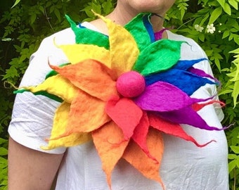 MADE to ORDER, handmade felted flower brooch, oversized, large flower, statement brooch, flower pin, clip, LGBT, rainbow colours, drag queen