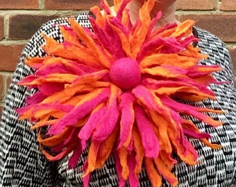 wearable art felted flower brooch, very large flower corsage, floral shawl pin, handmade, felted wool flower, lagenlook, pink orange flower