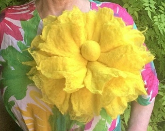 Handmade felted flower corsage, flower pin, flower brooch, oversized flower, handmade gift, shawl pin, yellow flower