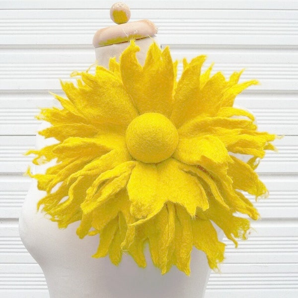 monochrome bright yellow flower brooch, large felted wool flower, oversized flower, gift for her, corsage, handmade, lagenlook, shawl pin