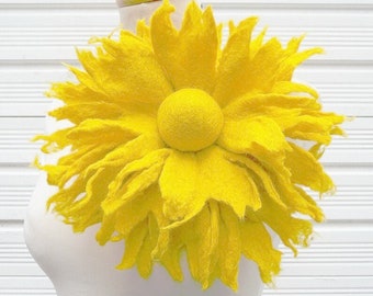 monochrome bright yellow flower brooch, large felted wool flower, oversized flower, gift for her, corsage, handmade, lagenlook, shawl pin