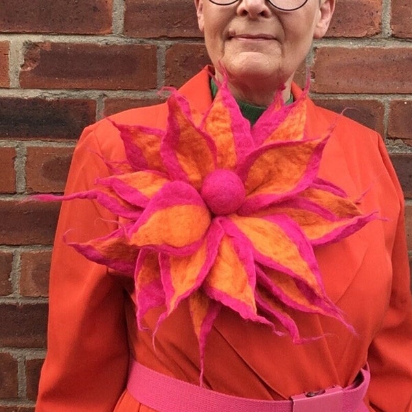 felted flower corsage pin brooch, handmade, felted wool flower, lagenlook, handmade, shawl pin, pink, orange, MADE TO ORDER