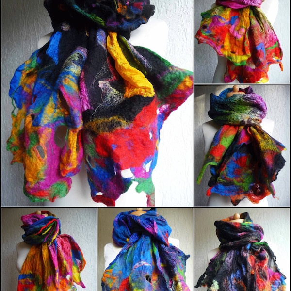 nuno felted scarf, wrap, handmade, silk, felted wool , art to wear, MADE TO ORDER, orange, blue, geen, yellow, pink, red