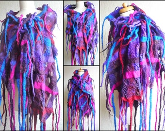 nuno felted scarf, shawl, handmade, silk, felted wool scarf , wearable art, statement scarf, colourful scarf, purple, pink, blue, red