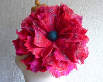 felted flower corsage pin brooch, handmade, felted wool flower, lagenlook, handmade, shawl pin, cerise, rose, pink