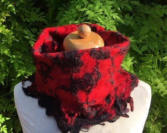 felted scarf, READY TO SHIP, snood, wool scarf, red, black, pixie scarf, forest, fairy, elf, woodlands, collar, cowl, handmade, felt