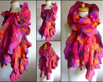 nuno felted scarf, shawl, handmade scarf, silk, felted wool scarf , wearable art, orange, pink. purple, red, colourful scarf, bright, bold