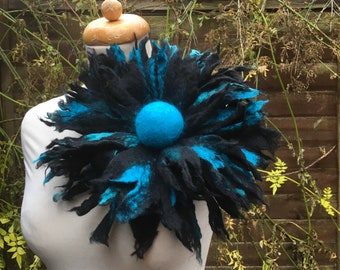 felted flower corsage pin brooch, handmade, felted wool flower, lagenlook, handmade, shawl pin, large, MADE TO ORDER, black, turquoise