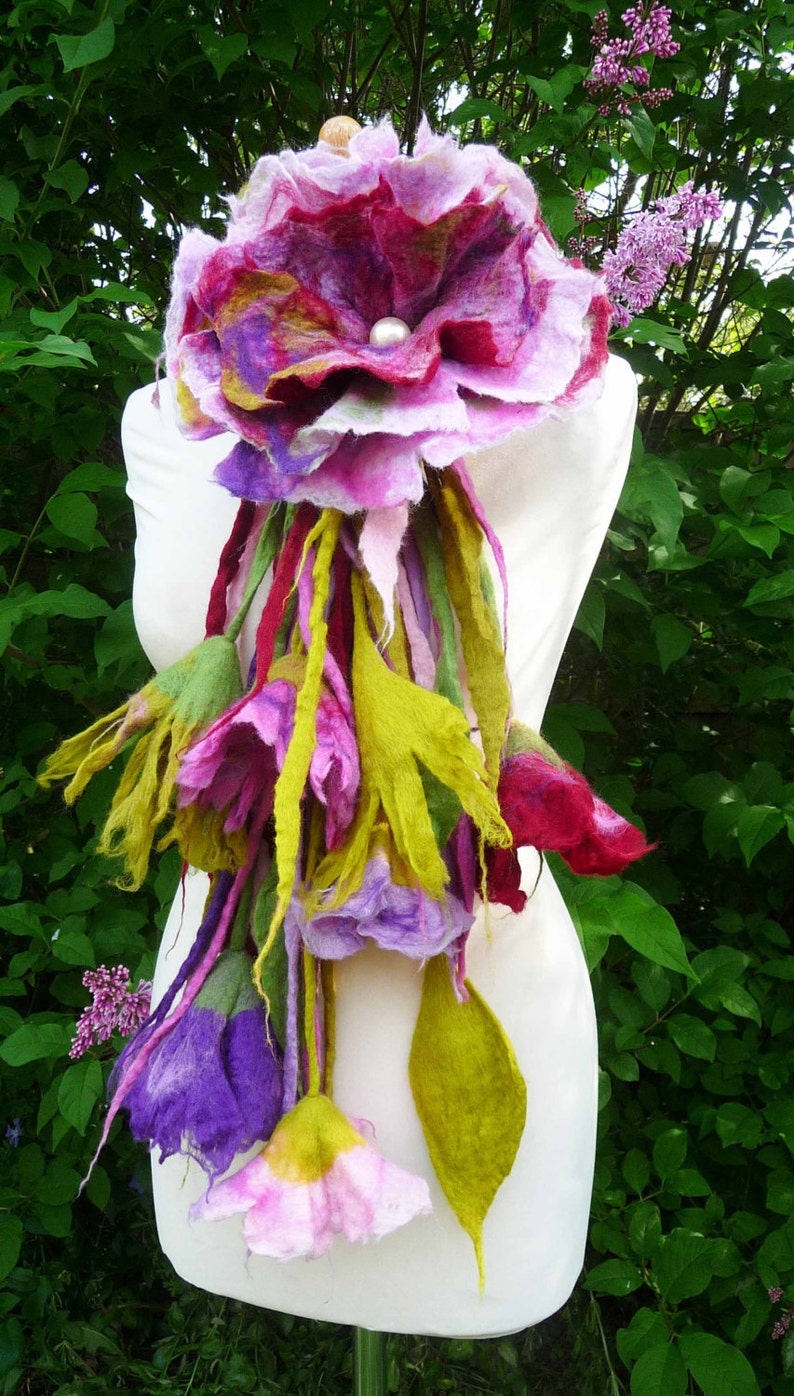 handmade felted flower necklace, lariat, belt, felted flower scarf, handmade flowers, felt scarf, bespoke, sustainably made, handmade gift image 4