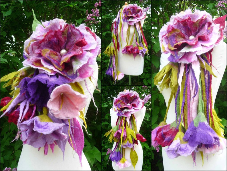 handmade felted flower necklace, lariat, belt, felted flower scarf, handmade flowers, felt scarf, bespoke, sustainably made, handmade gift image 1