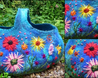 felted basket, storage, ornament, decoration, handmade, felted wool, felt, waldorf inspired, flowers, embroidery, vessel, bowl, gift for her