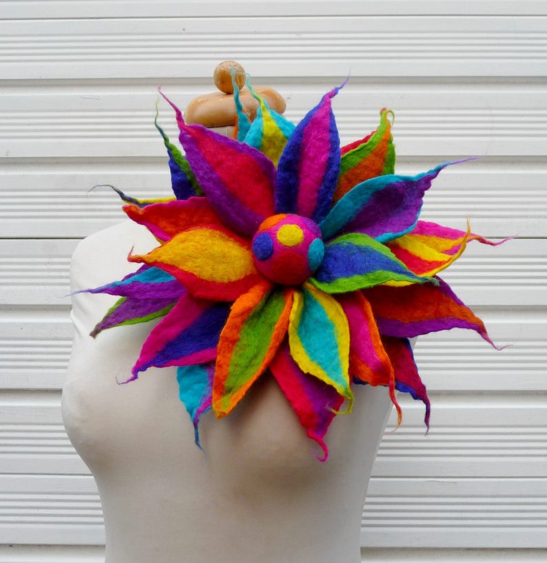 felted flower brooch, large flower brooch, corsage, handmade, felt flower, lagenlook, rainbow colors, felt flower, festival clothing image 6