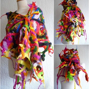 handmade felted scarf, wool scarf, holey scarf, multi coloured scarf, gift for her, statement scarf, colourful swirls, Felted Art To Wear