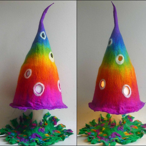 felted fairy lamp, toadstool, rainbow, mushroom, bedside lamp, night light, handmade, felt lamp, fairy light, table lamp