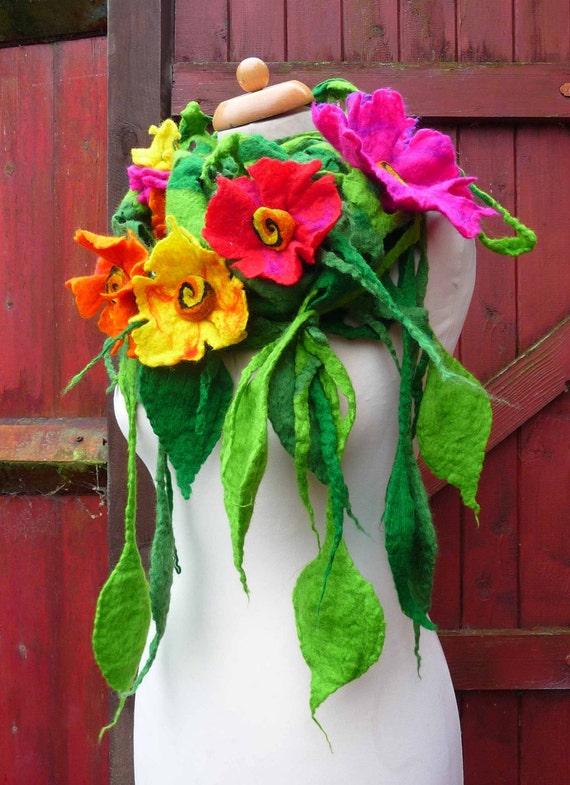 FeltedArtToWear Handmade Felted Scarf , Felt Scarf, Wool Scarf, Felted Flowers, Flower Shawl, Green, Leaves, Pink, Purple, Red, Floral Scarf, Brooch FeltedArtToWear Handmade Felted Scarf , Felt Scarf, Wool Scarf, Felted Flowers, Flower Shawl, Green, Leaves, Pink, Purple, Red, Floral Scarf, Brooch