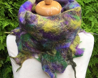 felted snood scarf, READY TO SHIP, wool scarf, purple, green, pixie scarf, forest, fairy, elf, woodlands, collar, cowl, handmade, felt