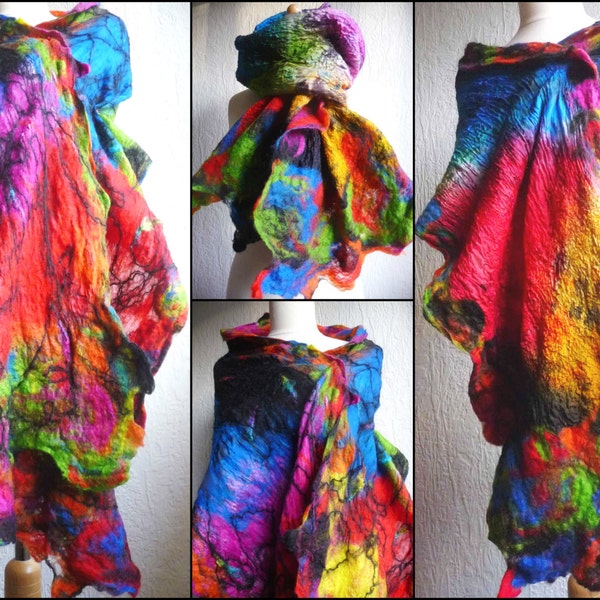 silk scarf, nuno felted scarf, shawl, handmade, felted wool , rainbow colours, merino wool, lagenlook, MADE TO ORDER