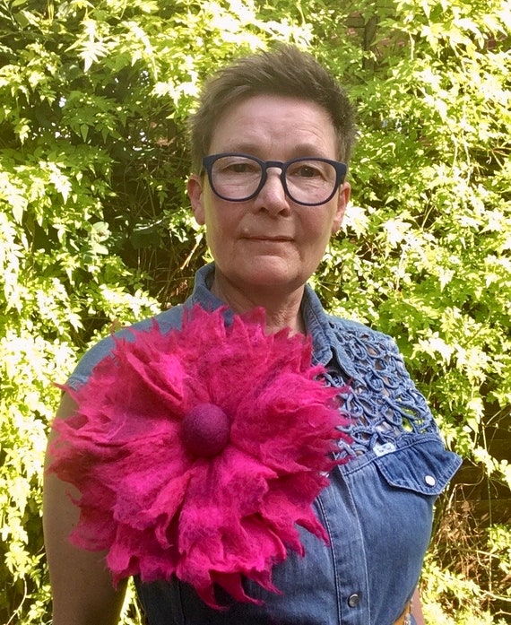 Oversized Flower Brooch, Pink Felted Flower, Large Flower Pin