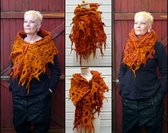 monochrome felted scarf, set of 2 holey scarves , wool shawl, rust, copper, handmade, felt, statement, lace, gift for her, lagenlook