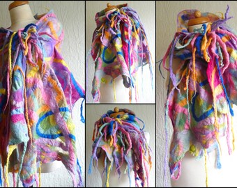 nuno felted scarf, pastel scarf, shawl, handmade, silk, felted wool , wearable art, lagenlook, tendrils, fringe, colourful scarf