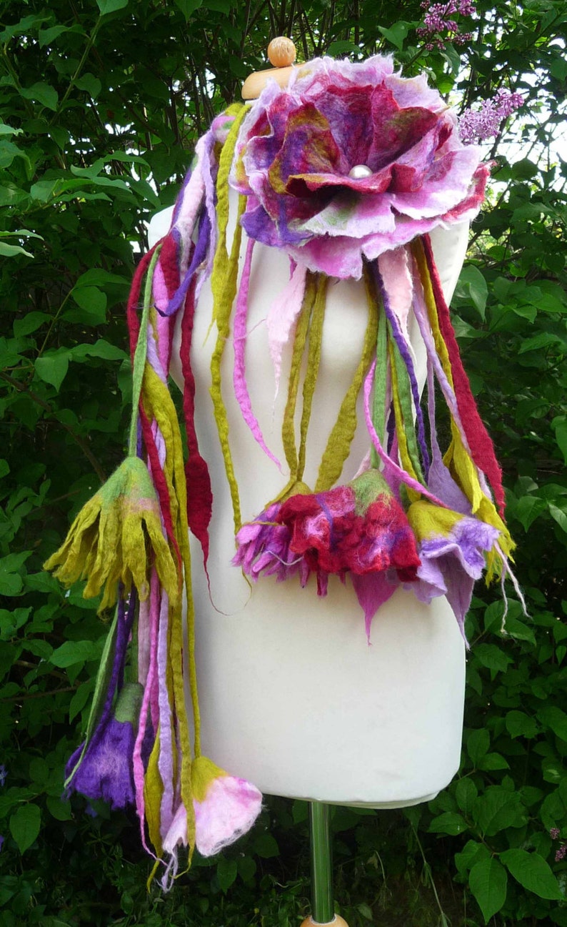 handmade felted flower necklace, lariat, belt, felted flower scarf, handmade flowers, felt scarf, bespoke, sustainably made, handmade gift image 2